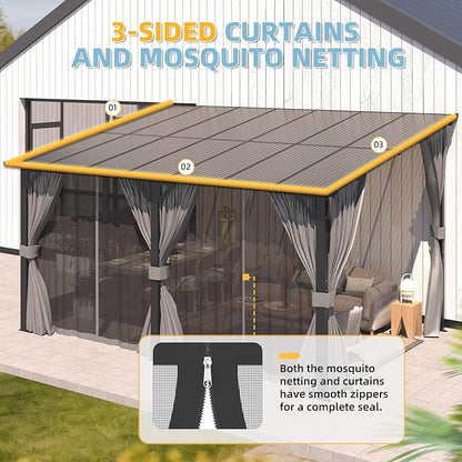 AECOJOY 20' x 10' Outdoo Gazebo for Patio with Curtains and Netting, Large Wall-Mounted Pergolas and Gazebos Clearance Hardtop 10x20 Lean to Metal Gazebo with Patio Roof, Heavy Duty Awnings for Patio