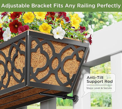 Y&M 24in Window Planter Box 4Pcs Iron Railing Planter with Coco Liner for Outdoor Balcony Rail, Fence, Porch, Patio