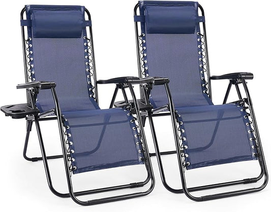 Sweetcrispy Zero Gravity Chairs, Set of 2 Portable Recliner Beach Camping Patio Outdoor Folding Lounge Chair with Cup Holder Trays and Adjustable Pillow for Poolside, Garden, Backyard, Lawn (Blue)