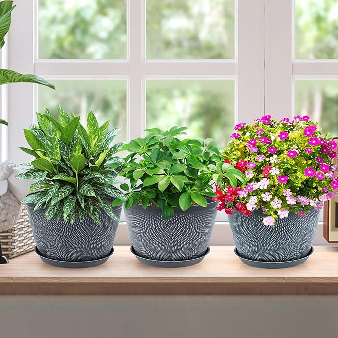 Quarut 10 Inch Flower Pots Planters for Outdoor Indoor, 3 Pack Plastic Plant Pots with Drainage Hole & Tray, Modern Decorative Garden Pot with Saucer, planters for House (Gray)