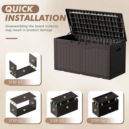 Devoko 100 Gallon Deck Box, Waterproof Resin Outdoor Storage Box with Cushion for Outside and Patio, Large Outdoor Storage Bench Cabinet Lockable for Patio Furniture and Garden Tools (Deep Brown)