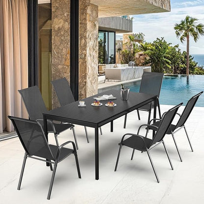 VINGLI Patio Chairs Set of 8 – Stackable Outdoor Dining Chairs with Comfortable Sling High Back Chairs and Armrests for Lawn, Poolside, Courtyard, Balcony, Garden, Black