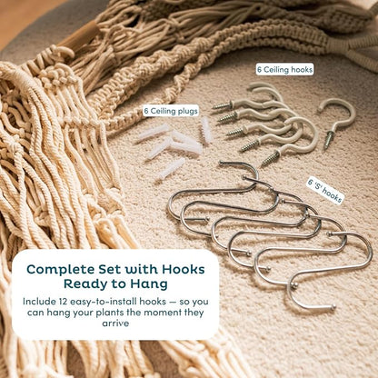 Nook Theory 6-Pack Macrame Plant Hangers with 12 Hooks - Hanging Planters for Indoor Plants, Boho Macrame Hangers Indoor Outdoor, Decorative Plant Hanger Indoor (Caramel)