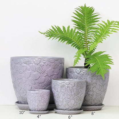 6 Inch Retro Ceramic Planter Set of 2 with Drainage Hole and Saucer for Plants, Indoor-Outdoor Garden Pots for Succulents, Orchids, and Flowers (Fits Inner Pots Up to 5 Inches, Light Blue)