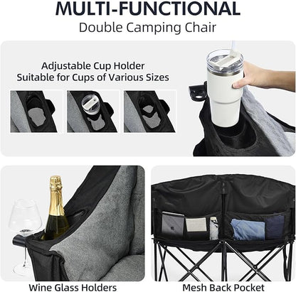 Double Camping Chair Loveseat - 2 Person Oversized Camping Couch for Adults Padded Heavy Duty Outdoor Lawn Beach Portable Folding XL Chairs with Cup Holders and Carry Bag Support 600lbs, Black/Grey