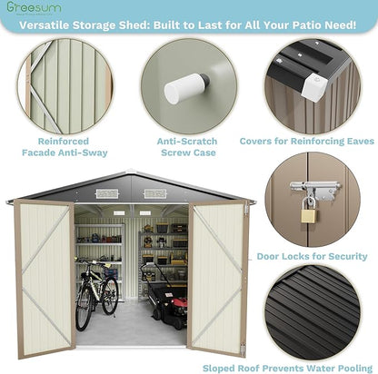 Greesum 8x10FT Outdoor Storage Shed, Metal Storaged Sheds with Lockable Doors, Sheds & Outdoor Storage for Bike, Backyard, Pool and Garden, Brown