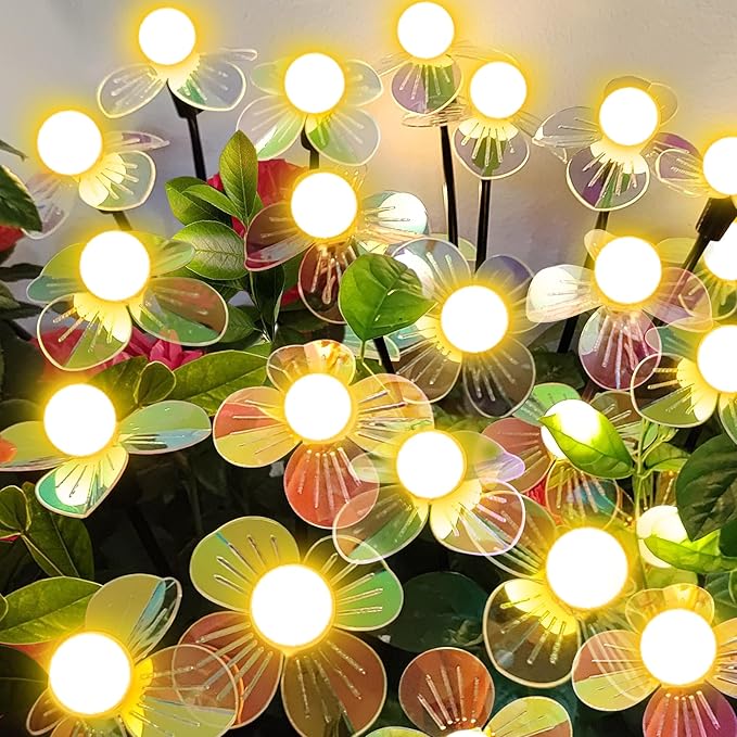 Solar Garden Lights Outdoor, New Upgraded 4-Pack Firefly Solar Lights with Iridescent Petals & Warm White Glow - Waterproof Wind-Swaying Decor for Yard, Patio
