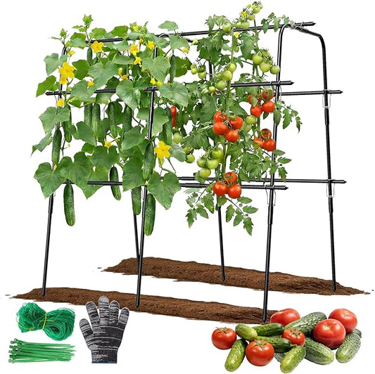 Cucumber Trellis for Raised Bed, 63 Inch A-Frame Garden Trellis for Climbing Plants, Outdoor Vine Trellis with Net, Plant Support for Tomato, Vegetables, Flower (63" L×15.8" W×63" H-Large)