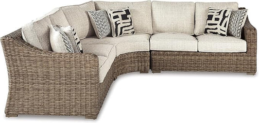 Signature Design by Ashley Beachcroft Costal Nuvella Weather Resistant Fabric 3-Piece Outdoor Seating Set with Zippered Removable Cushions and 6 Accent Pillows, Light Brown & Beige
