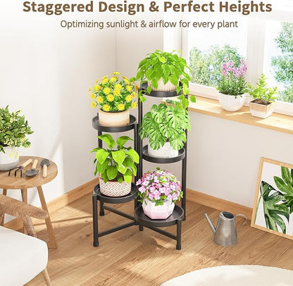 LASZOLA 5 Tiered Folding Tall Plant Stand Indoor for Multiple Large Planter, Heavy Duty Metal Adjustable Flower Rack for Narrow Corner, Sturdy Vertical Spiral Shelving Holder for Modern House, Black