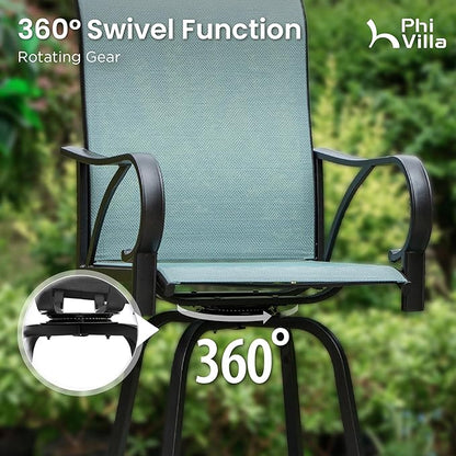 PHI VILLA 5 Piece Outdoor Bar Set, High Top Patio Bistro Bar Table and 4 Outdoor Swivel Bar Stools Chairs with Teal Textilene Fabric for Outside, Balcony, Garden and Yard