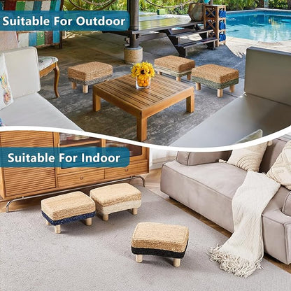 Wimarsbon Natural Seagrass Footstool Ottoman Rectangular Footrest Pouf Ottomans with Wooden Legs Hand Weave Step Stool for Living Room Bedroom Entryway Green