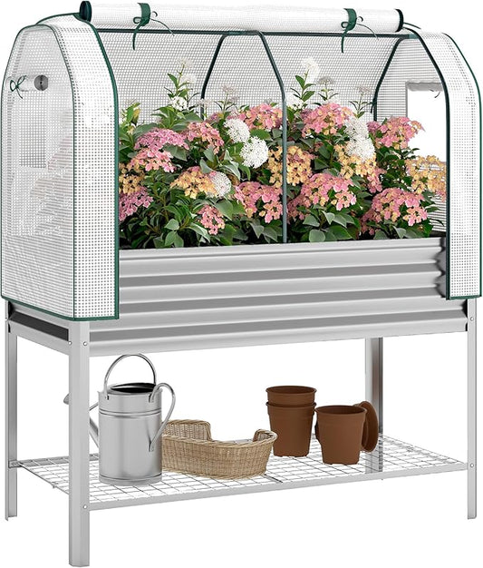 Outsunny Galvanised Raised Garden Bed with Greenhouse Cover, Metal Elevated Garden Bed with Legs, Bed Liner and Bottom Shelf, Outdoor Raised Planter Box for Vegetables, Herbs, Flowers, Silver