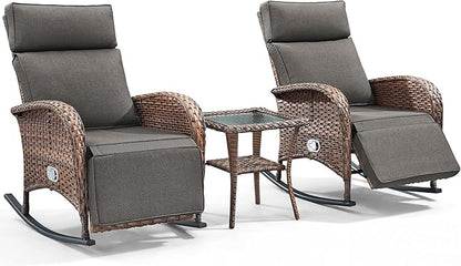 3 Pieces Zero Gravity Wicker Patio Rocking Recliner Chairs Set of 2 - Wicker Outdoor Lounge Chair with Side Table, Adjustable Backrest & Footrest, High Back Outdoor Recliner Chair for Pool Deck Gray
