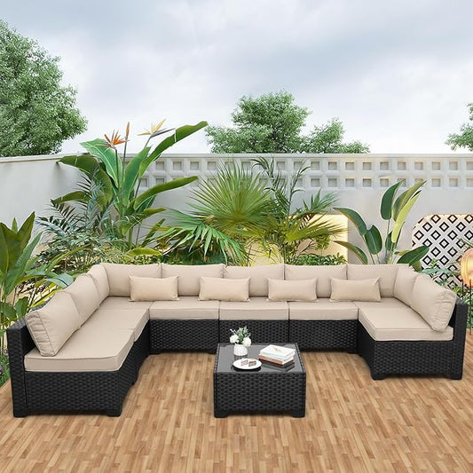 9 Pieces Outdoor Sectional All-Weather Wicker Patio Furniture Set Patio Sectional Glass Patio Table Non-Slip Cushions and Waterproof Covers, Khaki