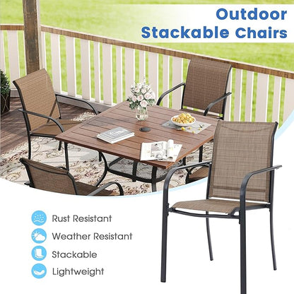 VICLLAX Patio Dining Set for 6, Outdoor Furniture Set Includes 59" Rectangle Patio Table and 6 Patio Sling Chairs, Outdoor Table and Chairs for Outsides, Black Tabletop and Brown Fabric