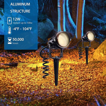SUNVIE Outdoor Landscape LED Lighting 12W Waterproof Garden Lights COB Led Spotlights with Spiked Stand for Lawn Decorative Lamp US 3- Plug 3000K Warm White (2 Packs)