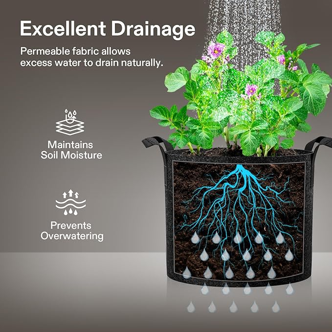 VIVOSUN 5-Pack 25 Gallon Plant Grow Bags, Heavy Duty Thickened Nonwoven Fabric Pots with Handles