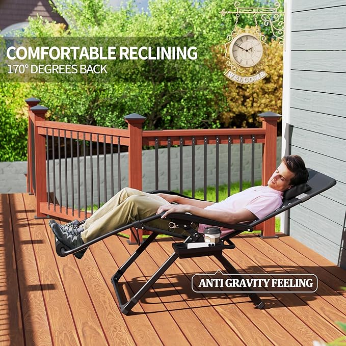 UDPATIO Oversized Zero Gravity Chair, 33In XXL Patio Reclining Chair with Cushion, Outdoor Folding Recliner with Pillows|Cup Holder|Foot Rest|Padded Headrest, Burgundy, Support 500LB