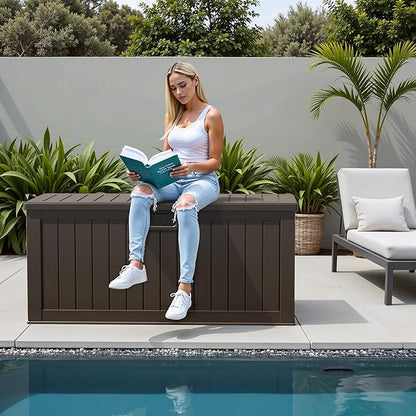 Flamaker Resin Deck Box 250 Gallon, Waterproof Imitation-Wood Lockable Storage Box with Separator Plate Outdoor Indoor, Garden, Patio Furniture for Tools&Pool Accessories (Deep Brown)