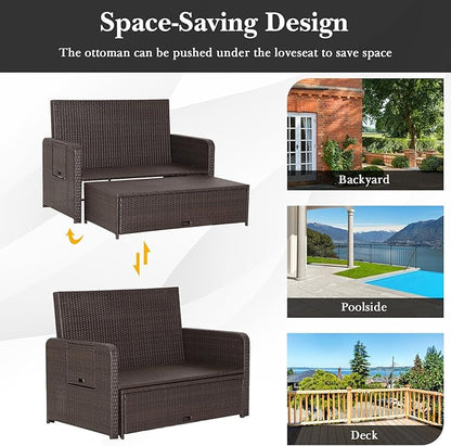 Nightcore Wicker Patio Outdoor Daybed, Outdoor Chaise Lounger w/ 4-Level Adjustable Backrest, Retractable Side Trays, Storage Ottoman, Comfortable & Removable Cushions, Rattan Loveseat (Black)