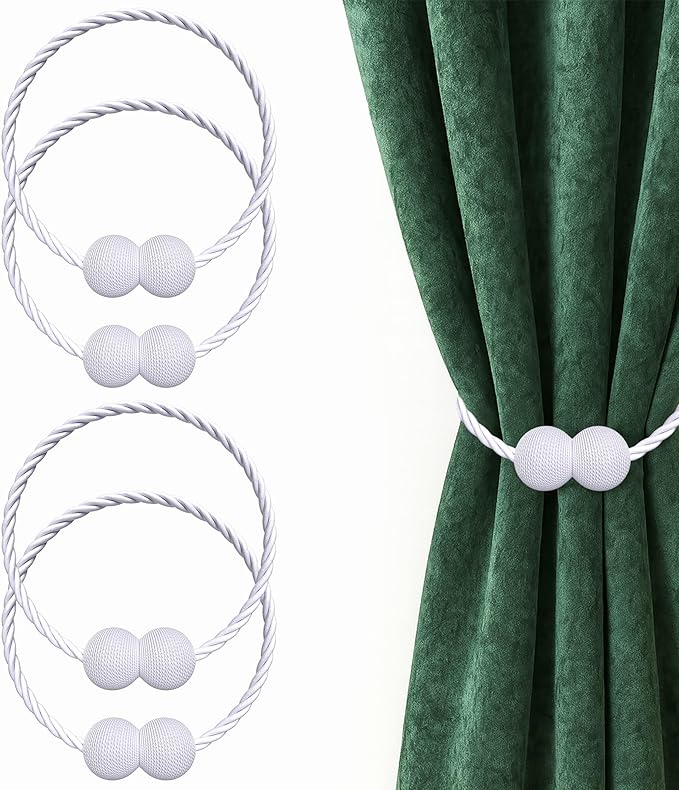 Hion Magnetic Curtain Tiebacks White 4 Pack, Curtain Tiebacks Buckles Holdbacks Holders Hooks Clip for Home Bedroom Office Decorative Thick or Thin Curtain