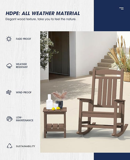 KINGYES HDPE Outdoor Rocking Chair Set of 4, Widened Seat Patio Rocking Chair, Oversized All Weather Patio Rocker, Brown