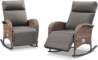 Zero Gravity Patio Rocking Wicker Recliner Chairs Set of 2- Wicker Outdoor Lounge Chair with Adjustable Backrest & Footrest, All Weather Reclining Rocker Chairs with Thick Cushion for Pool Deck Grey