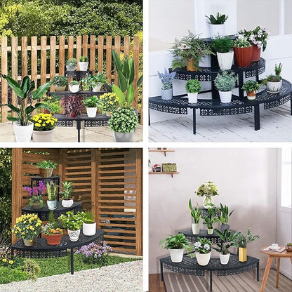 3 Tier Plant Stand Semi-Circular Flower Pot Organizer Rack Quarter Round Plant Display Holder Outdoor Storage Shelves Metal Corner Shelf Planter Shelving Ladder Plant Stand for Indoor Use(Black)