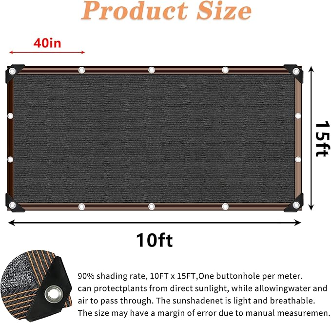 QLOFEI Shade Cloth for Garden, 90% Sunblock Neting Cover Shade Cloth with Grommets, Sun Protection Screens for Patio Kennel Chicken Coop Pergola Greenhouse Plants Cover Mesh Tarp, 10x15 FT