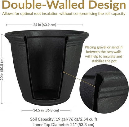 Sunnydaze 24-Inch Anjelica Large Plastic Pot for Plants - Outdoor Double-Walled Large Plastic Planter with Drillable Drainage Holes - Matte Black - 2pk