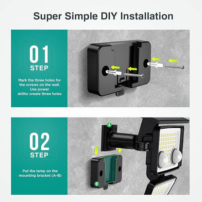 Solar Outdoor Lights - 3000LM 188 LED Motion Sensor Outdoor Lights, 4 Heads IP65 Waterproof Powered Security Flood Lights, 270°Wide Lighting Angle Wall Light with Sensors for Backyard Yard