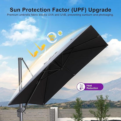 PURPLE LEAF 10 FT Outdoor Umbrella with Base Patio Cantilever Aluminum Umbrella with 3 Years Fade Resistance Recycled Fabric Offset Square with 360-degree Rotation for Deck Pool Garden, Graphite Grey