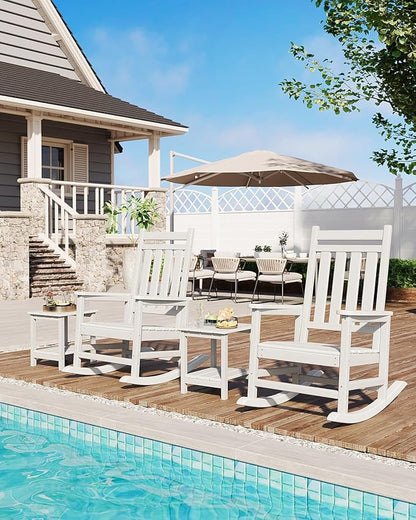 GarveeLife Poly Lumber Rocking Chair Outdoor Set of 4 with 2 Side Table - HDPE High Back Porch Rocker Chairs for Adults - All Weather Resistant Furniture for Patio - White