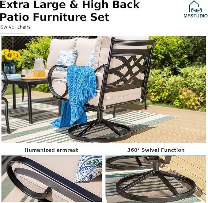 MFSTUDIO 5 Seats Large Metal Patio Conversation Sets, 4 Pieces Outdoor Furniture Sofa with 2 Swivel Chairs, 1 Sofa(3-seat) and Table for Outside Balcony Backyard Poolside