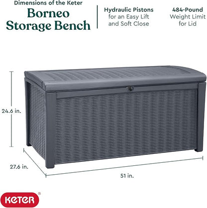Keter Outdoor Storage Deck Box for Patio, Backyard & Garden, Borneo, 110 Gal, Grey - Lockable, Organizing, and Waterproof Plastic Container Bench