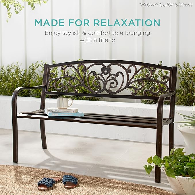 Best Choice Products Outdoor Bench Steel Garden Patio Porch Furniture for Lawn, Park, Deck w/Floral Design Backrest, Slatted Seat - Purple