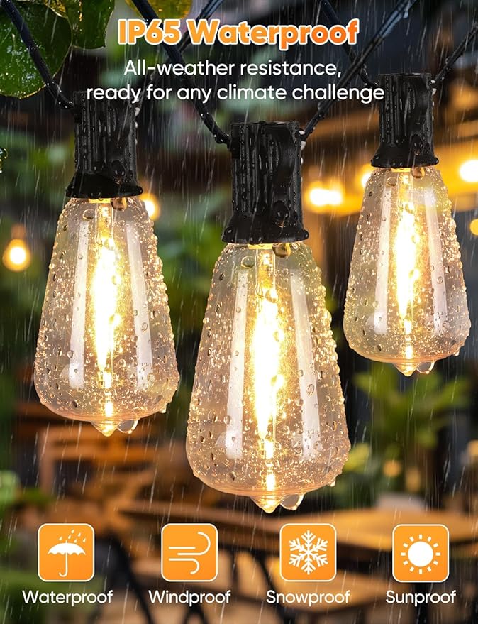 Brightever LED Outdoor String Lights with Remote, 100FT Commercial Grade Waterproof Outdoor Patio Lights, 30+2 ST38 Dimmable Edison Bulbs, 2700K Warm White Rope Light for Outside, Low Voltage 24V