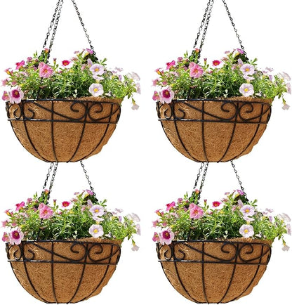 4 Pack 12 Inch Hanging Baskets for Plants Outdoor Metal Hanging Planter Hanging Flower Baskets with Coco Fiber Liners Chain Round Wire Plant Holder Flower Pots(Plaid)