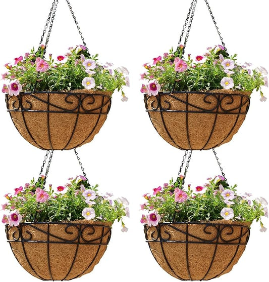4 Pack 12 Inch Hanging Baskets for Plants Outdoor Metal Hanging Planter Hanging Flower Baskets with Coco Fiber Liners Chain Round Wire Plant Holder Flower Pots(Plaid)