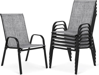 Outdoor Stackable Chairs Set of 6, Stacking Patio Chairs with Textilene Fabric, Outside Furniture for Garden Backyard Balconie Poolside Deck, Grey