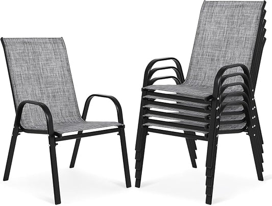 Outdoor Stackable Chairs Set of 6, Stacking Patio Chairs with Textilene Fabric, Outside Furniture for Garden Backyard Balconie Poolside Deck, Grey