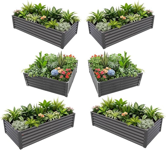 A ANLEOLIFE Set of 6, 18 Inch Tall Quartz Grey Raised Garden Beds Kit, Rectangular & Square Metal Planters for Structured Garden Layouts