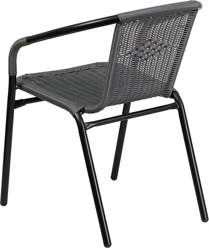 EMMA + OLIVER Set of 4 Modern Rattan Indoor/Outdoor Stack Chairs, Stacking Rattan Patio Chairs with Curved Back and Cross Bracing, Gray