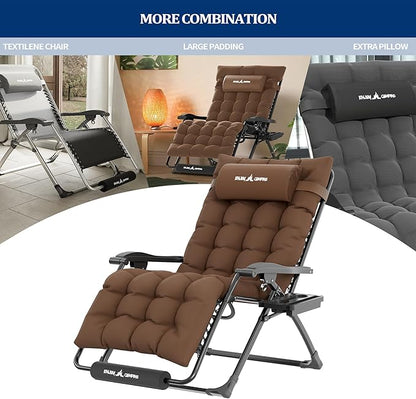 UDPATIO Oversized Zero Gravity Chair Set of 2, 29In XL Patio Reclining Chair with Cushion, Outdoor Folding Recliner with Pillows|Cup Holder|Foot Rest|Padded Headrest, Brown, Support 500LB