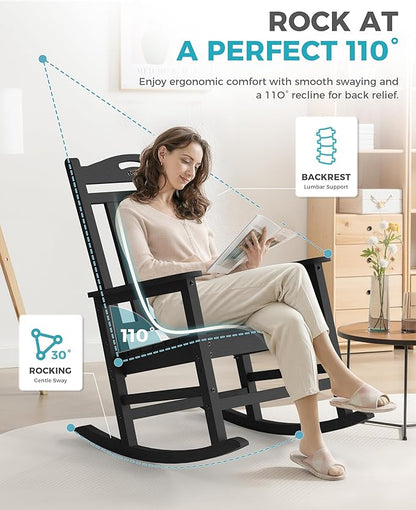 Ciokea Oversized Outdoor Rocking Chair, 380lbs Heavy-Duty Large Patio Rocker, Weather Resistant & Anti-Fade Porch Chair, High Back Cozy Rocking Chair for Outside, Fire Pit, Deck, Garden, Black