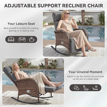 Zero Gravity Patio Rocking Wicker Recliner Chairs Set of 2- Wicker Outdoor Lounge Chair with Adjustable Backrest & Footrest, All Weather Reclining Rocker Chairs with Thick Cushion for Pool Deck Grey