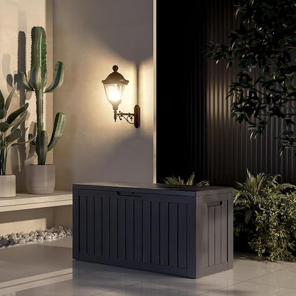ROJIK Outdoor Storage Housing Deck Box - Waterproof Patio Furniture, Garden Tools, Cushions, Pool Accessories Storage Bench with Lockable Lid and Side Handles (Black 80 Gal)