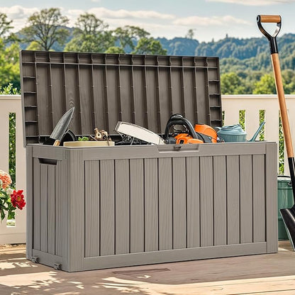 YITAHOME 72 Gallon Outdoor Resin Deck Box with Wheels, Pool Storage Box for Outdoor Cushions, Sports Equipment, Garden Tools, Light Brown