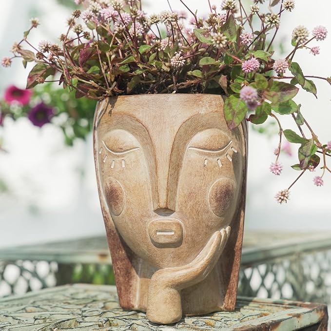 Head Planters for Indoor Plants, Face Flower Pot Head Planter Succulent Planters Unique Face Planter with Drainage Hole - Rustic Thinking Girl Closed Eyes